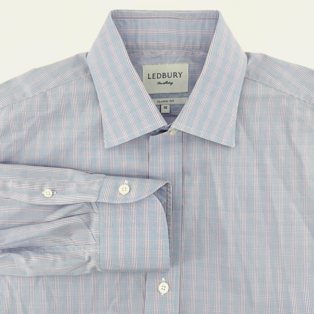 Ledbury‎ Mens Classic Fit Long Sleeve Shirt 16 Blue Pink Gingham Check Cotton